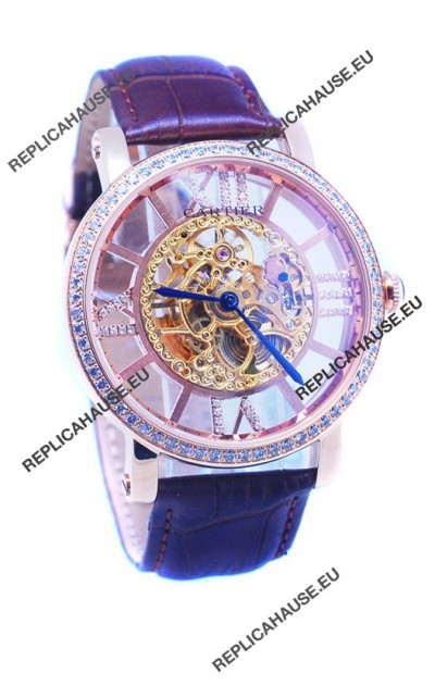 Ronde De Cartier Skeleton Rose Gold Japanese Watch in Diamond Bezel