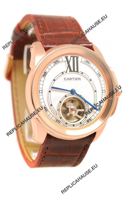 Calibre de Cartier Flying Tourbillon Japanese Replica Rose Gold Watch in Brown Strap
