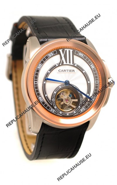 Calibre de Cartier Flying Tourbillon Japanese Replica Rose Gold Watch 