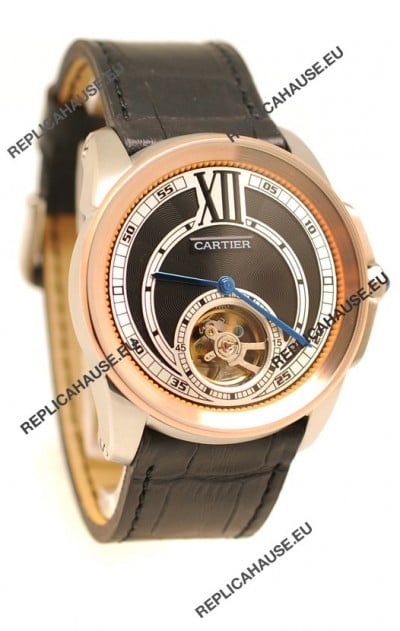Calibre de Cartier Flying Tourbillon Japanese Replica Rose Gold Watch in Black Dial