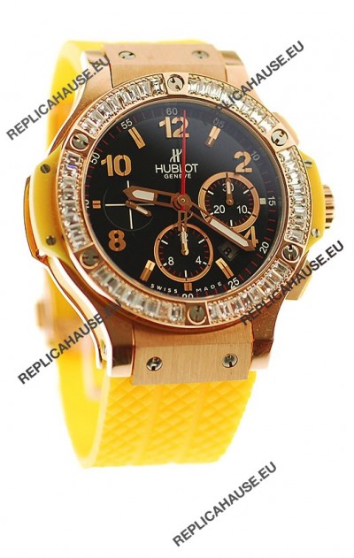 Hublot Big Bang Swis Watch Yellow Strap Black Dial Pink Gold Case