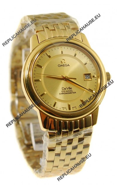 Omega Co-Axial Deville Japanese Gold Watch in Golden Markers