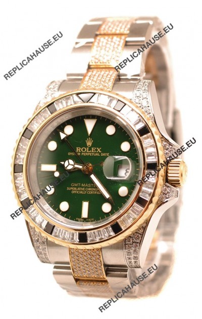 Rolex GMT Masters II 2011 Edition Swiss Replica Two Tone Watch with Diamonds Casing and Bezel