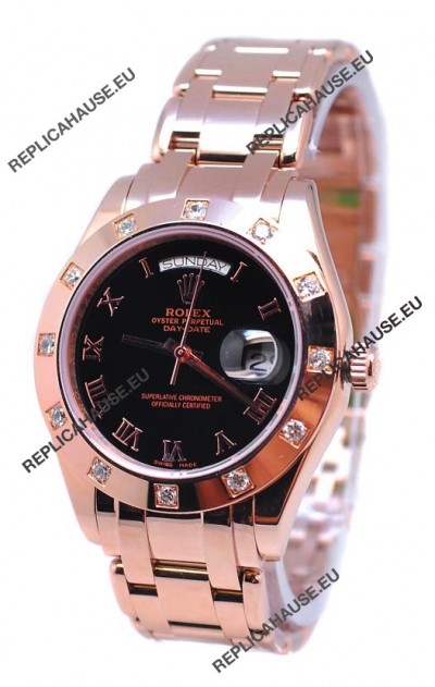 Rolex Day Date Rose Gold Japanese Replica Watch in Black Dial