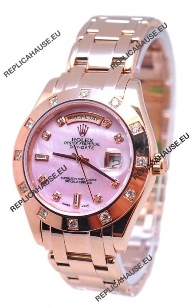 Rolex Day Date Pink Mother of Pearl Japanese Replica Watch in Diamond Markers