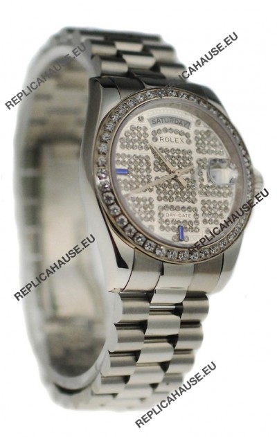 Rolex Day Date Silver Japanese Mens Watch in Diamond Dial