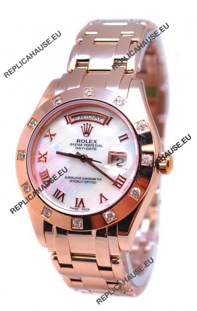 Rolex Day Date White Mother of Pearl Japanese Replica Watch in Roman Markers