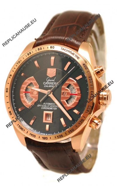 Tag Heuer Grand Carrera Japanese Replica Gold Watch in Black Dial