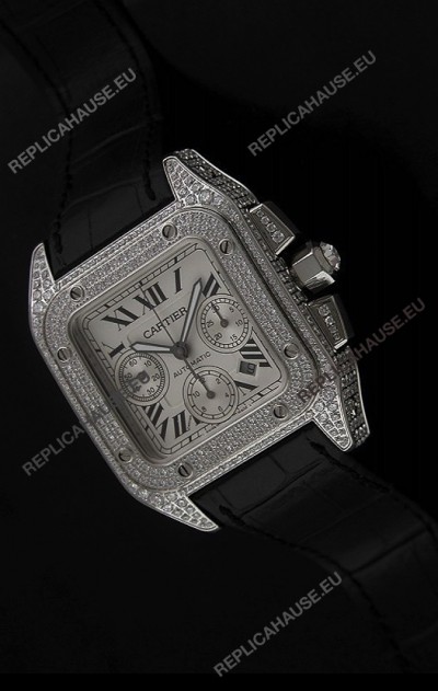 Cartier Santos Swiss Replica Watch with Diamonds Embedded Casing