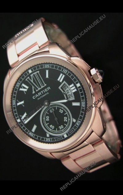Calibre De Cartier Japanese Automatic Replica Rose Gold Watch in Black Dial