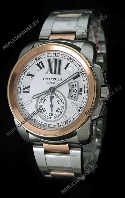 Cartier Calibre de Japanese Replica Rose Gold Watch in White Dial