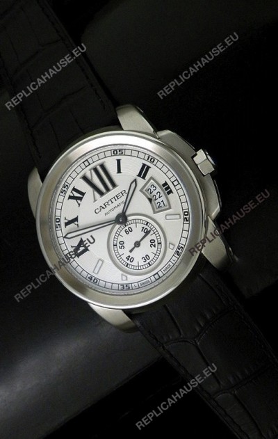 Cartier Calibre de Japanese Replica Steel Watch in Black Leather Strap