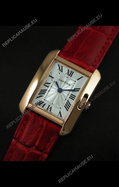 Cartier Louis Japanese Replica Ladies Rose Gold Watch in Red Strap