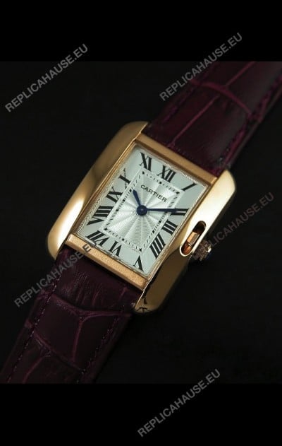 Cartier Louis Japanese Replica Ladies Rose Gold Watch in Red Wine Strap