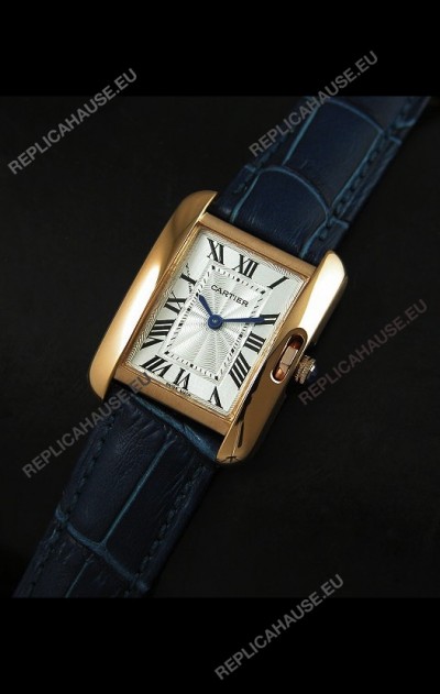Cartier Louis Japanese Replica Ladies Rose Gold Watch in Blue Strap