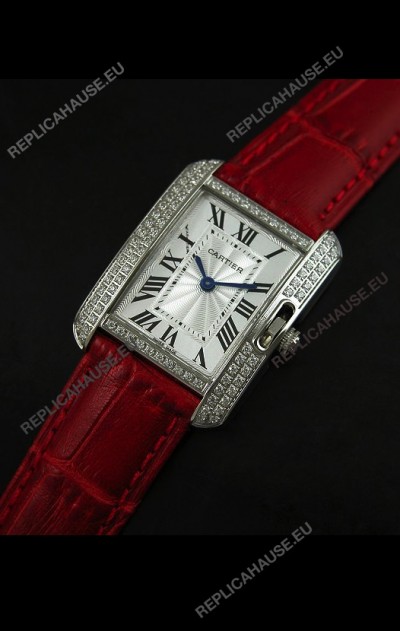 Cartier Louis Japanese Replica Ladies Diamond Watch in Red Strap