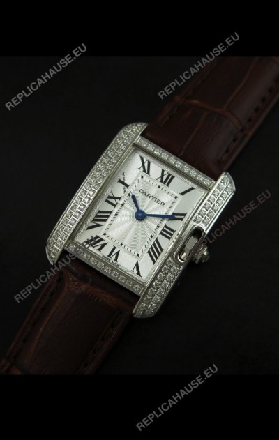 Cartier Louis Japanese Replica Ladies Diamond Watch in Brown Strap