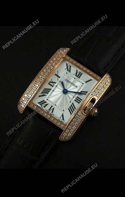 Cartier Louis Japanese Replica Ladies Rose Gold Diamond Watch in Black Strap