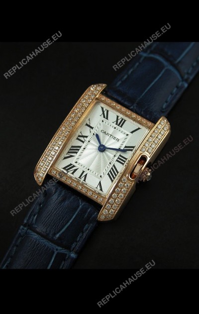Cartier Louis Japanese Replica Ladies Rose Gold Diamond Watch in Blue Strap