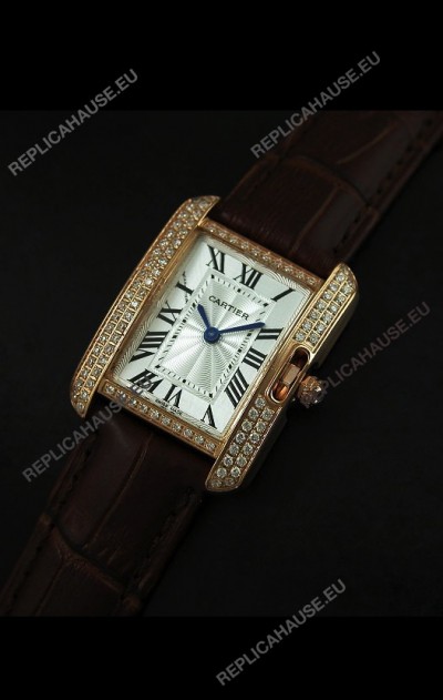 Cartier Louis Japanese Replica Ladies Rose Gold Diamond Watch in Brown Strap
