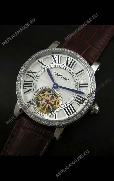 Cartier Ronde de Tourbillon Japanese Replica Diamond Watch in Brown Strap