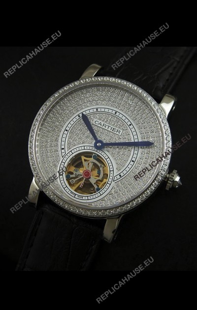 Cartier Ronde de Tourbillon Japanese Replica Diamond Watch in Black Strap