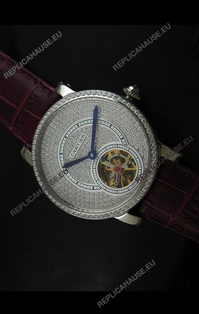 Cartier Ronde de Tourbillon Japanese Replica Diamond Watch in Purple Strap