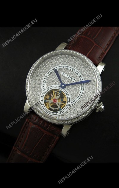 Cartier Ronde de Tourbillon Japanese Replica Diamond Watch in Brown Strap