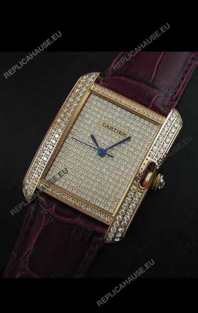Cartier Tank Anglaise Ladies Replica Watch in Gold Case/Maroon Strap