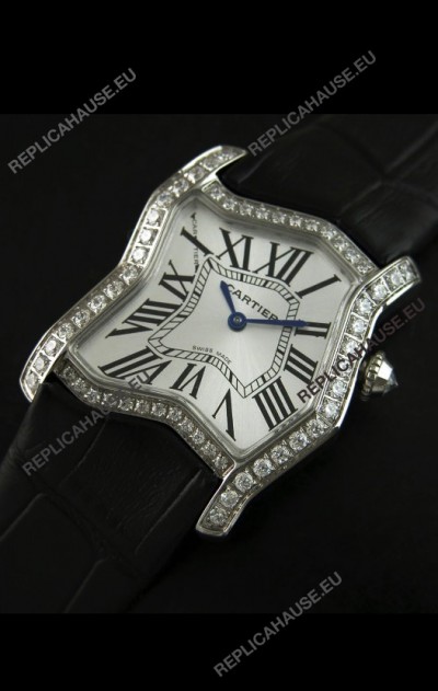 Cartier Tank Folle Ladies Replica Watch in Steel Case/Black Strap