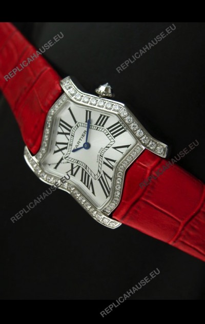 Cartier Tank Folle Ladies Replica Watch in Steel Case/Red Strap