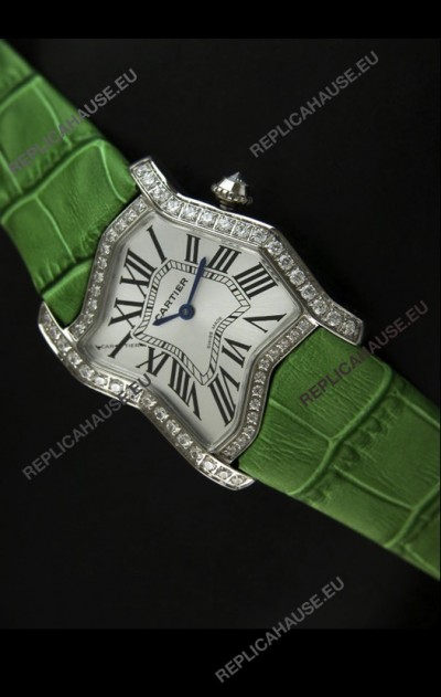 Cartier Tank Folle Ladies Replica Watch in Steel Case/Green Strap