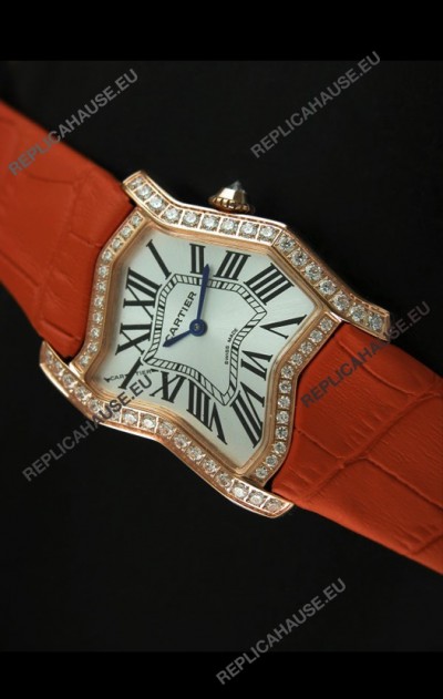 Cartier Tank Folle Ladies Replica Watch in Yellow Gold Case/Orange Strap