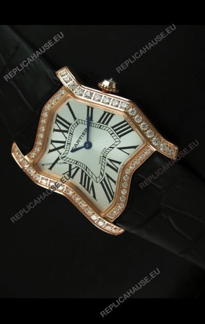 Cartier Tank Folle Ladies Replica Watch in Yellow Gold Case/Black Strap