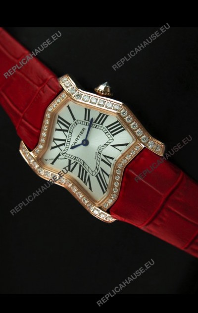 Cartier Tank Folle Ladies Replica Watch in Yellow Gold Case/Red Strap