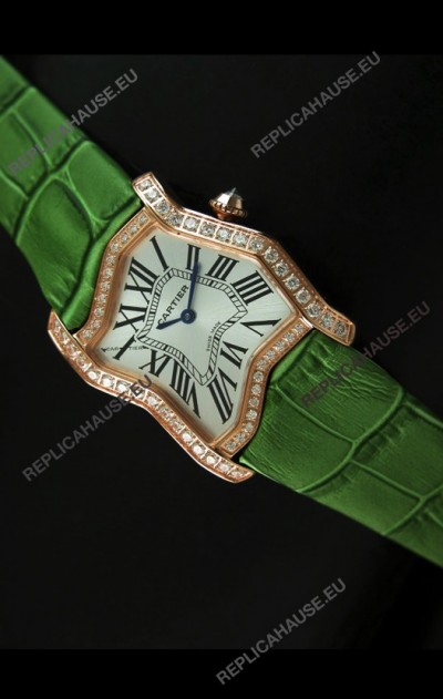 Cartier Tank Folle Ladies Replica Watch in Yellow Gold Case/Green Strap