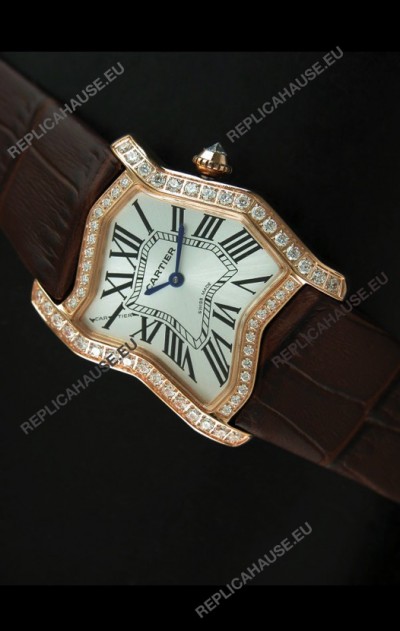 Cartier Tank Folle Ladies Replica Watch in Yellow Gold Case/Brown Strap
