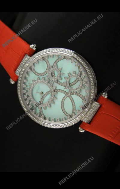 Cartier Replica Watch with Diamonds Embedded Dial Bezel in Steel Case/Orange Strap