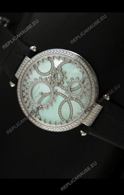 Cartier Replica Watch with Diamonds Embedded Dial Bezel in Steel Case/Black Strap