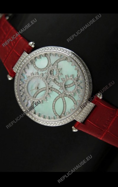 Cartier Replica Watch with Diamonds Embedded Dial Bezel in Steel Case/Red Strap
