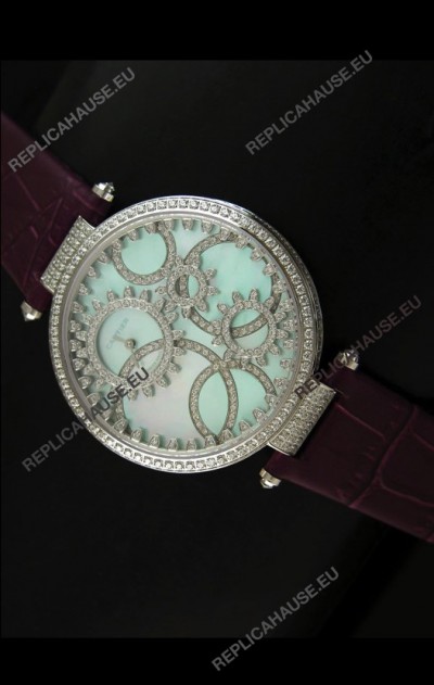 Cartier Replica Watch with Diamonds Embedded Dial Bezel in Steel Case/Maroon Strap