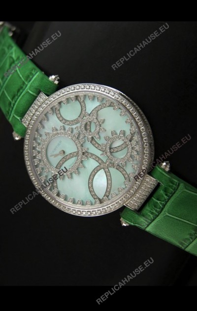 Cartier Replica Watch with Diamonds Embedded Dial Bezel in Steel Case/Green Strap