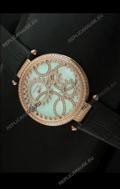 Cartier Replica Watch with Diamonds Embedded Dial Bezel in Gold Case/Black Strap