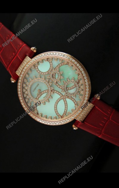 Cartier Replica Watch with Diamonds Embedded Dial Bezel in Gold Case/Brown Strap