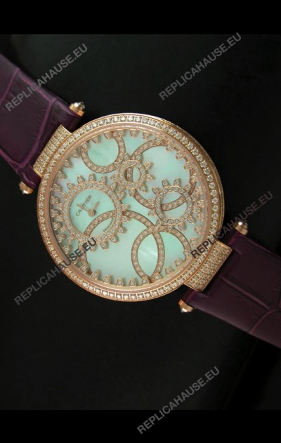 Cartier Replica Watch with Diamonds Embedded Dial Bezel in Gold Case/Maroon Strap
