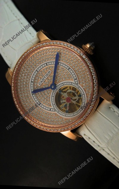 Ronde De Cartier Tourbillon Replica Watch Pink Gold Case - White Strap