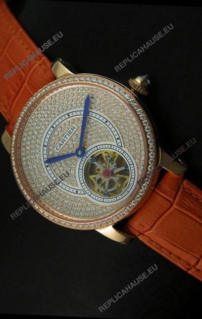 Ronde De Cartier Tourbillon Replica Watch Pink Gold Case - Brown Strap