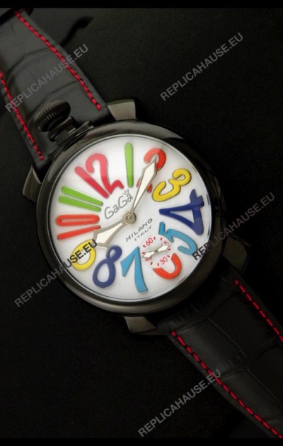Gaga Milano Italy Japanese Replica PVD Watch in Black Leather Strap