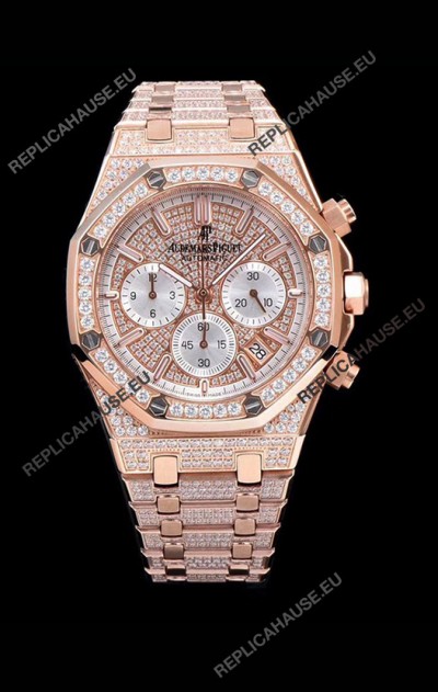 Audemars Piguet Royal Oak Chronograph 41MM Swiss Quartz Watch with Diamonds Embedded Casing in Rose Gold