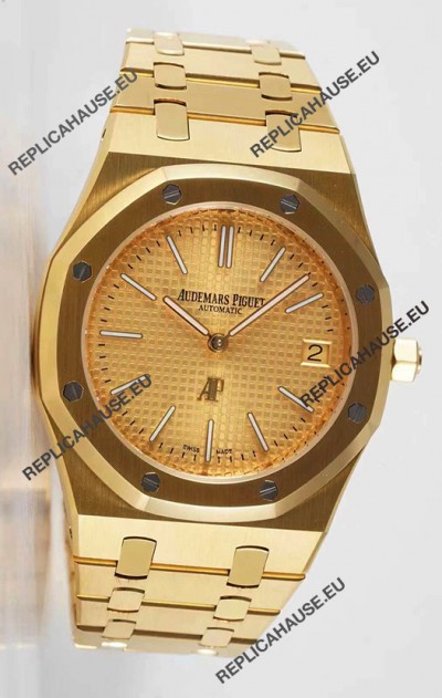 Audemars Piguet Royal Jumbo Oak Extra Thin Swiss Replica Yellow Gold - 1:1 Mirror Replica Watch Gold Dial